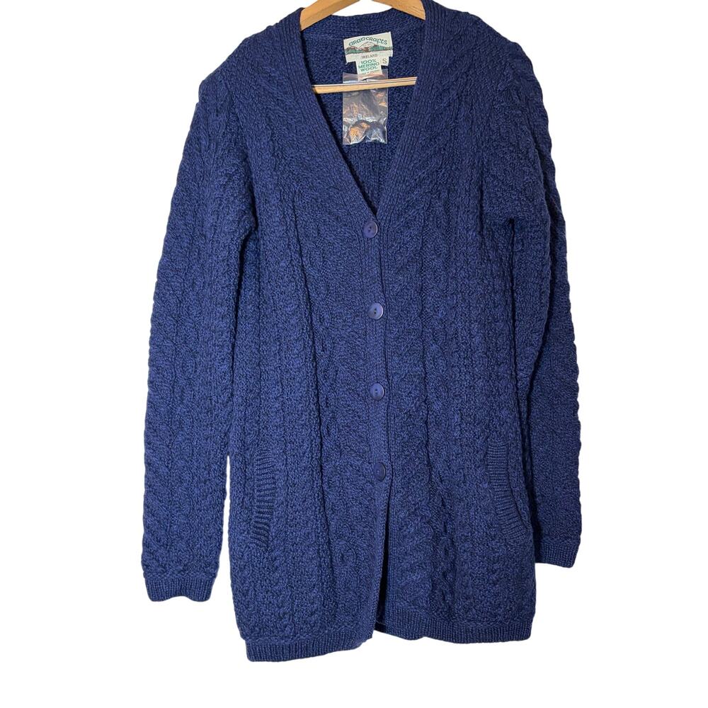 NWOT Aran Crafts Ireland womens blue cable knit long cardigan. Sz S. merino wool
